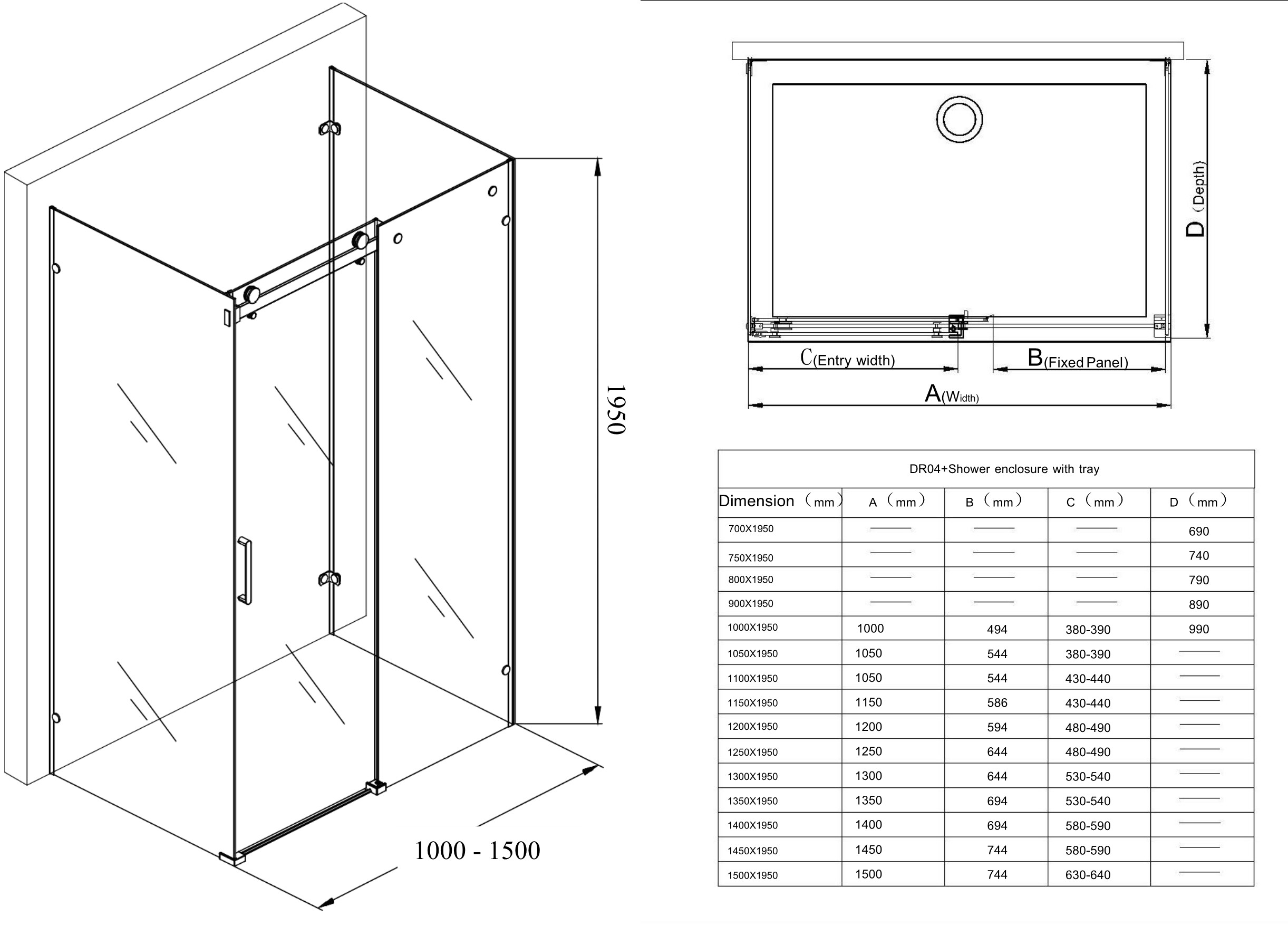 Durovin Bathrooms | Shower Enclosure and Tray NANO Sliding Glass Door Unit Walk in Technical Image